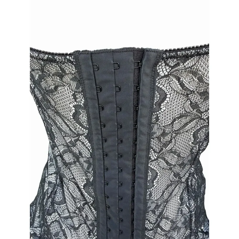 Fredericks of Hollywood Bustier Corset L Black White Lace Sheer Boned Top